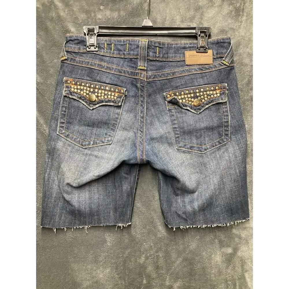 Y2K Visgoss U.S.A. Premium Denim Shorts Mid-Rise Cut-Off Raw Edge Studded 9/10